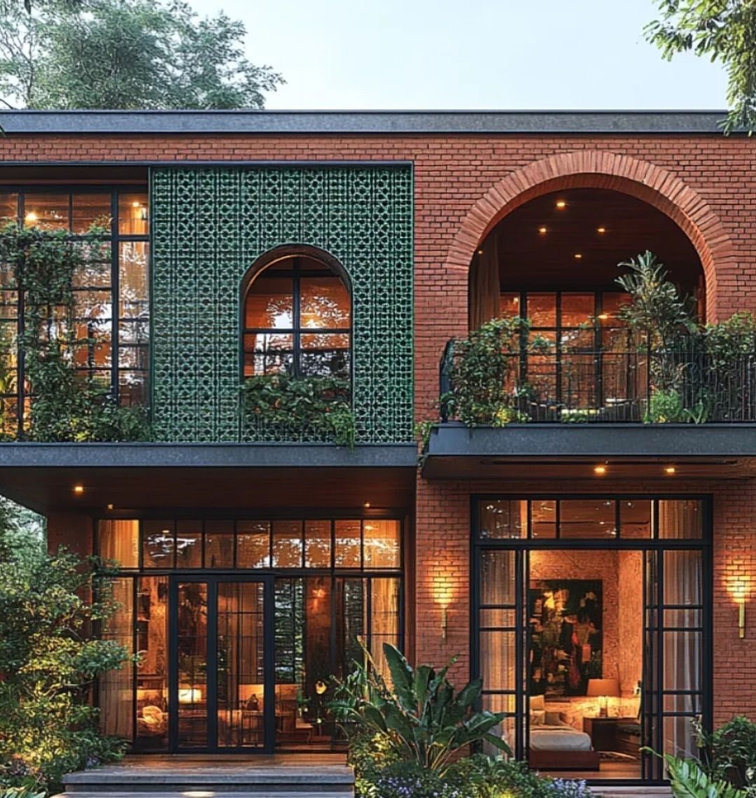 Gạch ốp mặt tiền nhà hàng – không gian F&B kết hợp gạch thẻ và gạch hoa tạo điểm nhấn, tăng chiều sâu kiến trúc.