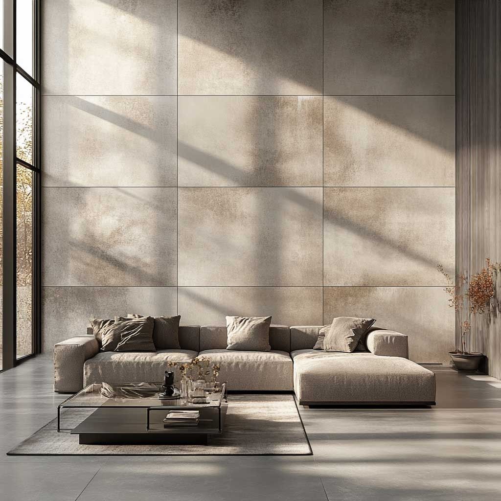 Mảng tường ốp gạch khổ lớn tông be–xi măng