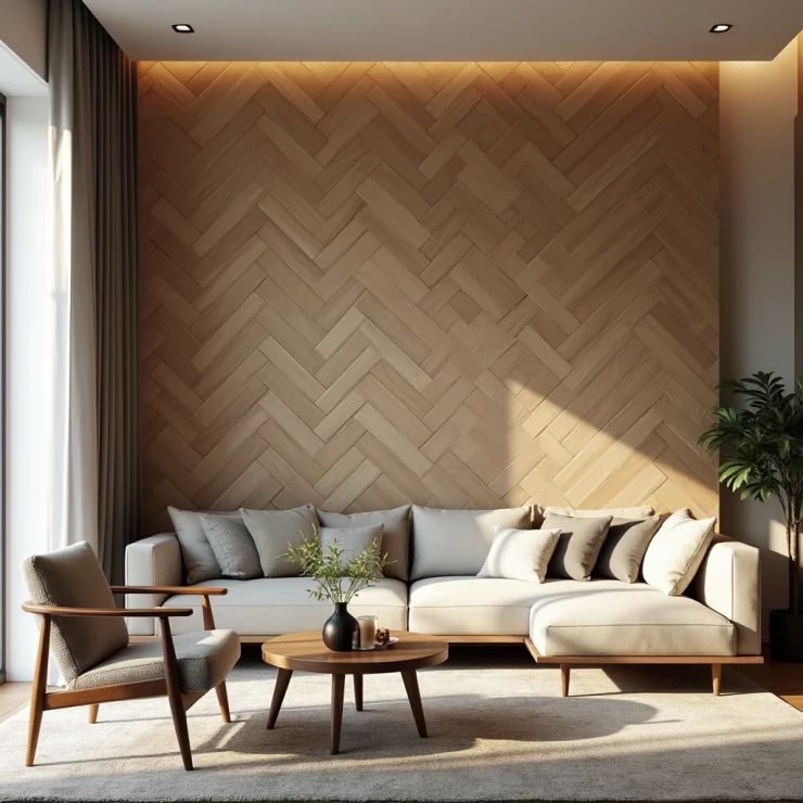 Ốp gạch giả gỗ xương cá cho phòng khách: ấm áp, có chiều sâu, nhìn là thấy gu.