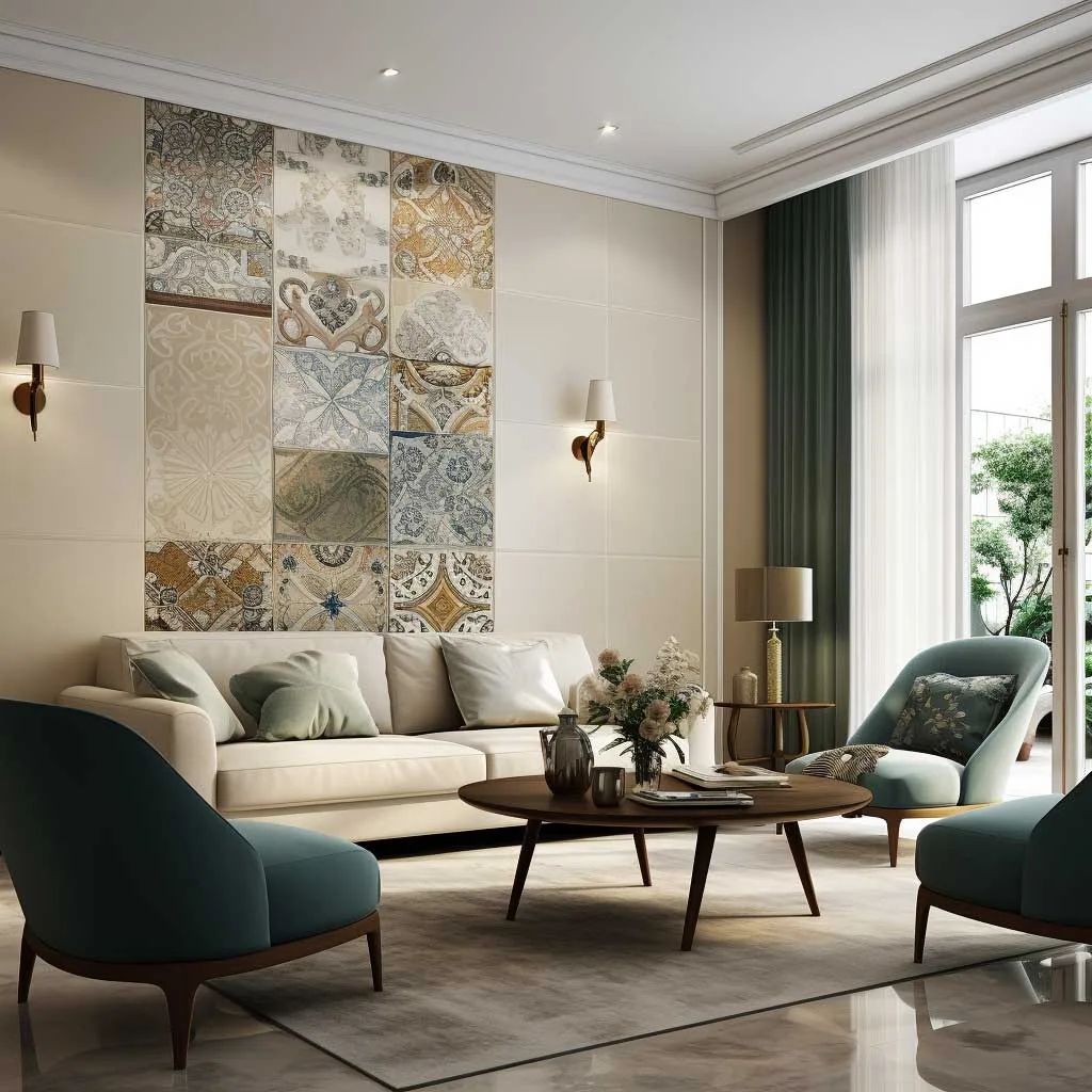 Mảng gạch họa tiết phối dạng “tranh” trên nền gạch trơn