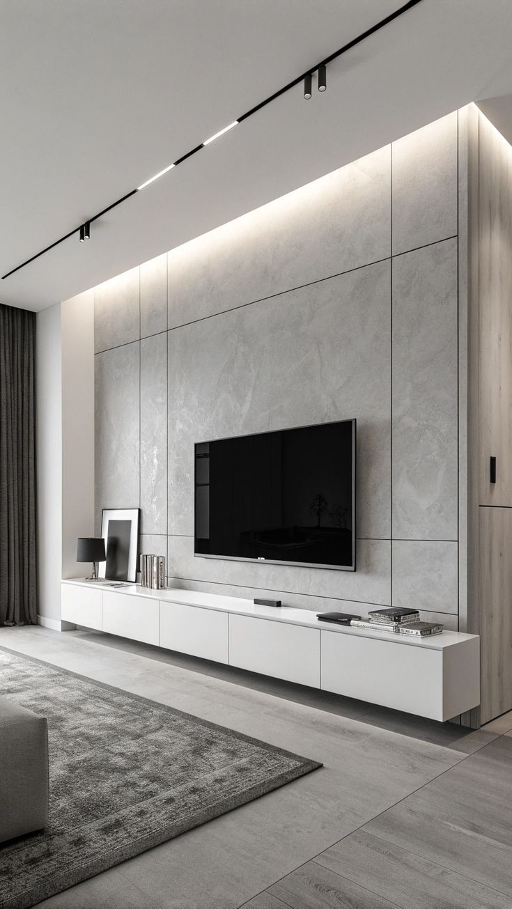 Ốp gạch hiệu ứng bê tông xám mịn, đường ron thẳng gọn