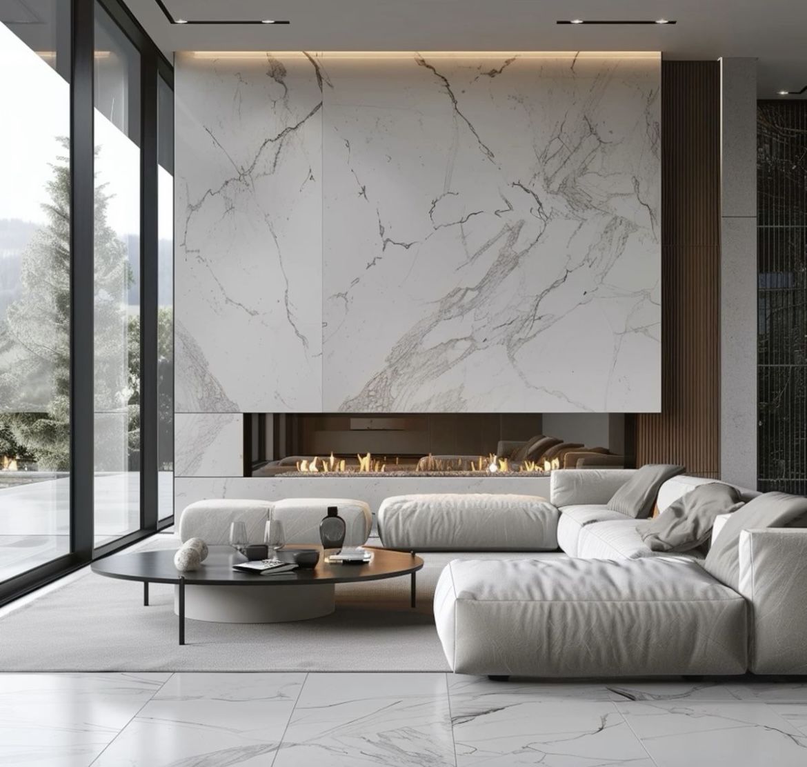 Gạch vân đá sáng ốp full mảng phía sau sofa, tận dụng ánh sáng tự nhiên để không gian “bừng” lên.