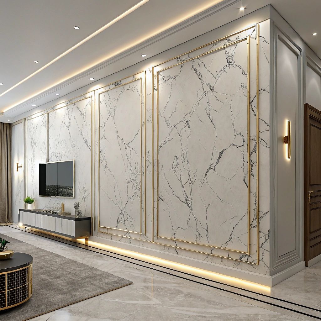 Gạch vân đá trắng chỉ vàng, ốp dạng pano trang trí kết hợp phào kim loại, phù hợp khổ 80×160 hoặc 120×240cm tạo cảm giác cao cấp