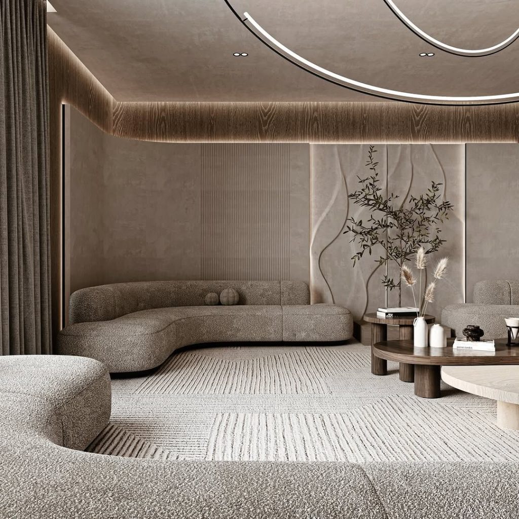 Gạch hiệu ứng xi măng – bê tông mịn, tông trung tính, bề mặt matt, ốp mảng sofa với kích thước 60×120cm