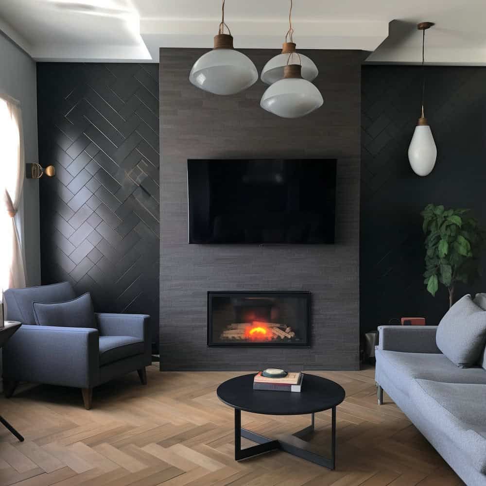 Gạch thẻ trang trí giả xương cá tông đen phối 2 bên mảng TV – tạo điểm nhấn mạnh