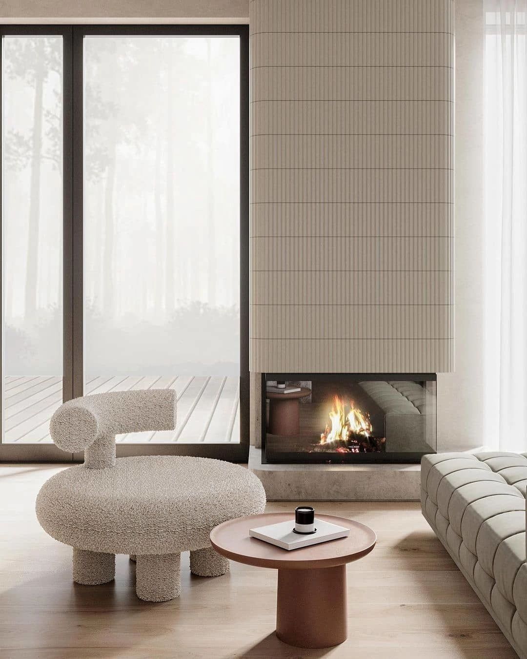 Gạch trang trí sọc đứng tông trắng bo cong, nhìn tối giản nhưng cực sang, làm không gian “mềm” hơn.