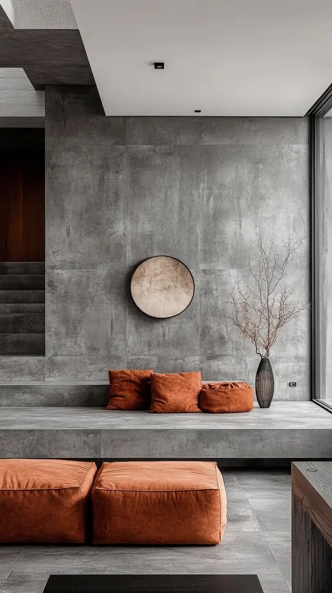 Mảng tường xi măng xám + decor tối giản