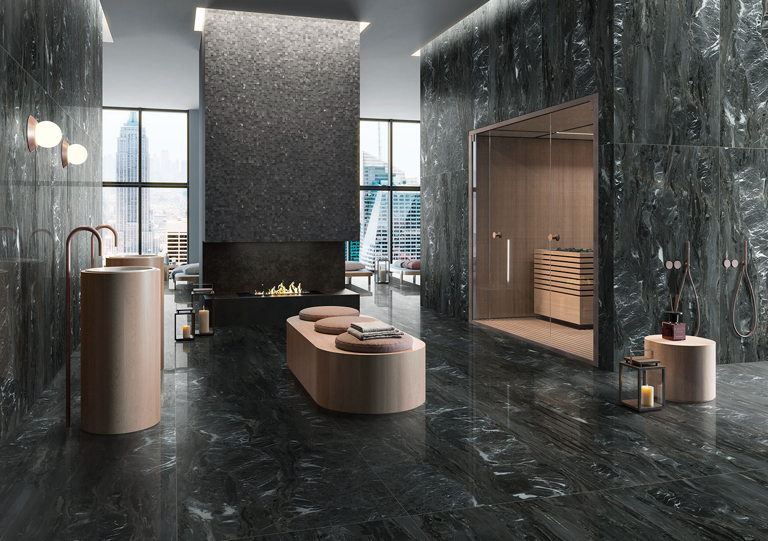 Gạch vân đá tông tối, bề mặt bóng nhẹ – phù hợp phòng khách lớn, trần cao, tạo cảm giác sang trọng và chiều sâu không gian.