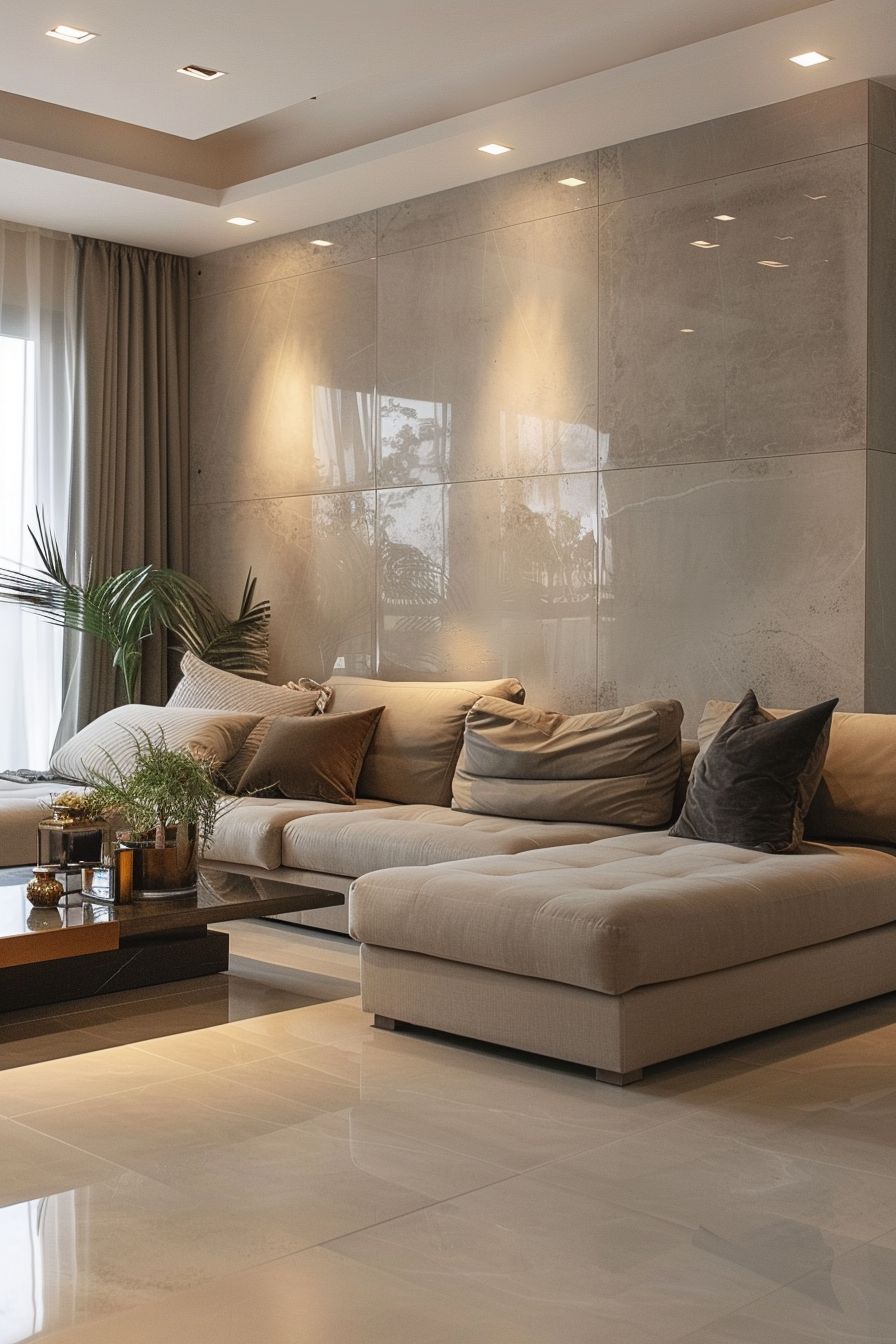 Gạch màu sáng bề mặt polished – phù hợp phòng khách nhỏ, giúp không gian gọn gàng và dễ bảo trì.