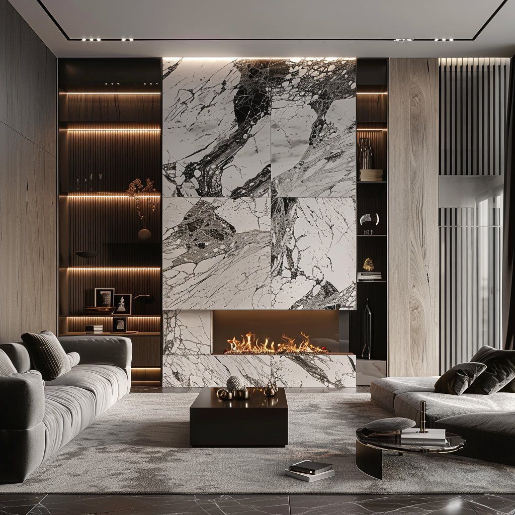 Vách tivi ốp gạch marble ghép vân: nổi bật như một tác phẩm, hợp phòng khách rộng/căn hộ