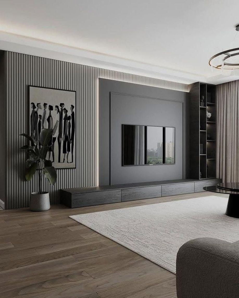 Gạch trang trí sọc dọc 3D tông xám ốp nguyên mảng tường, nhấn mạnh phong cách hiện đại