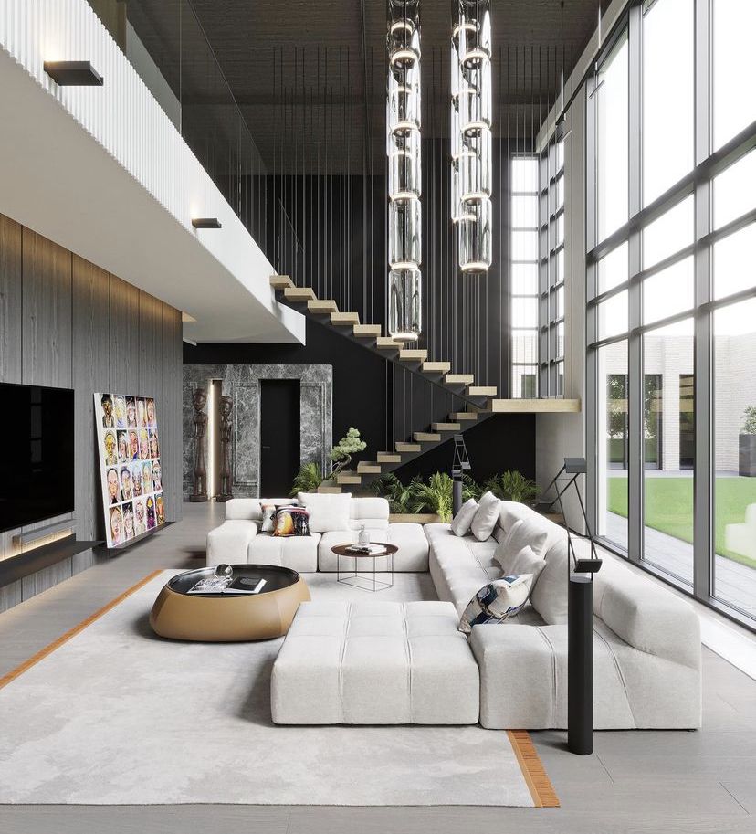 Gạch ốp tường màu be sáng bề mặt mịn giúp phòng khách luxury thoáng rộng và sang theo kiểu tối giản