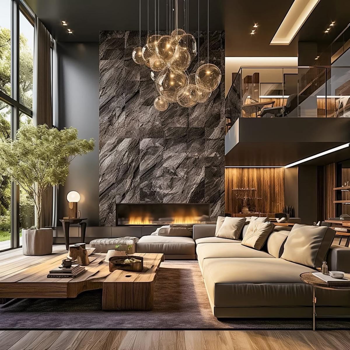 Gạch vân đá tông trầm làm mảng tivi tăng chiều sâu và cảm giác quyền lực cho không gian luxury