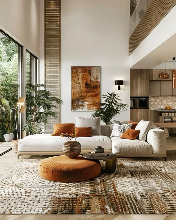 Tường hiệu ứng xi măng be nhạt tạo nền êm dịu, phối gỗ và thảm rất “ăn”