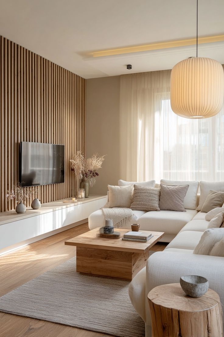 Gạch trang trí sọc rãnh giả lam gỗ tạo điểm nhấn sau kệ tivi, tăng chiều sâu