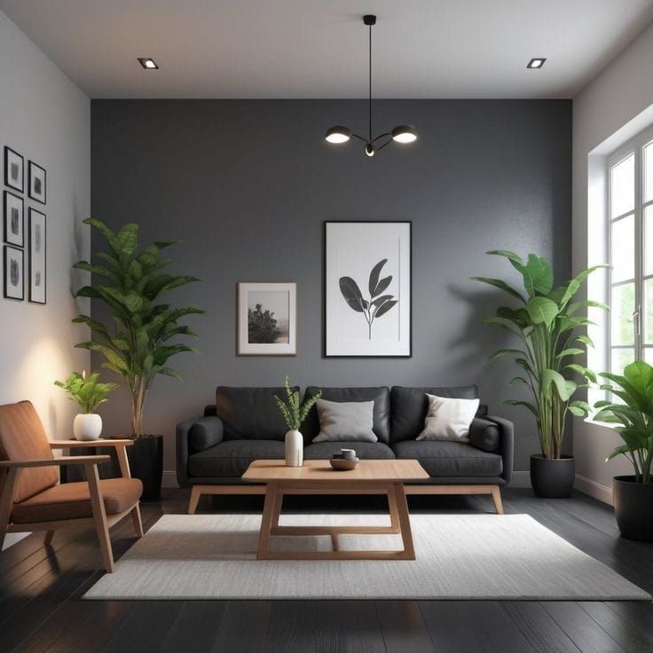 Mảng tường nhấn xám đậm, gạch ốp trơn lì, tạo chiều sâu hiện đại