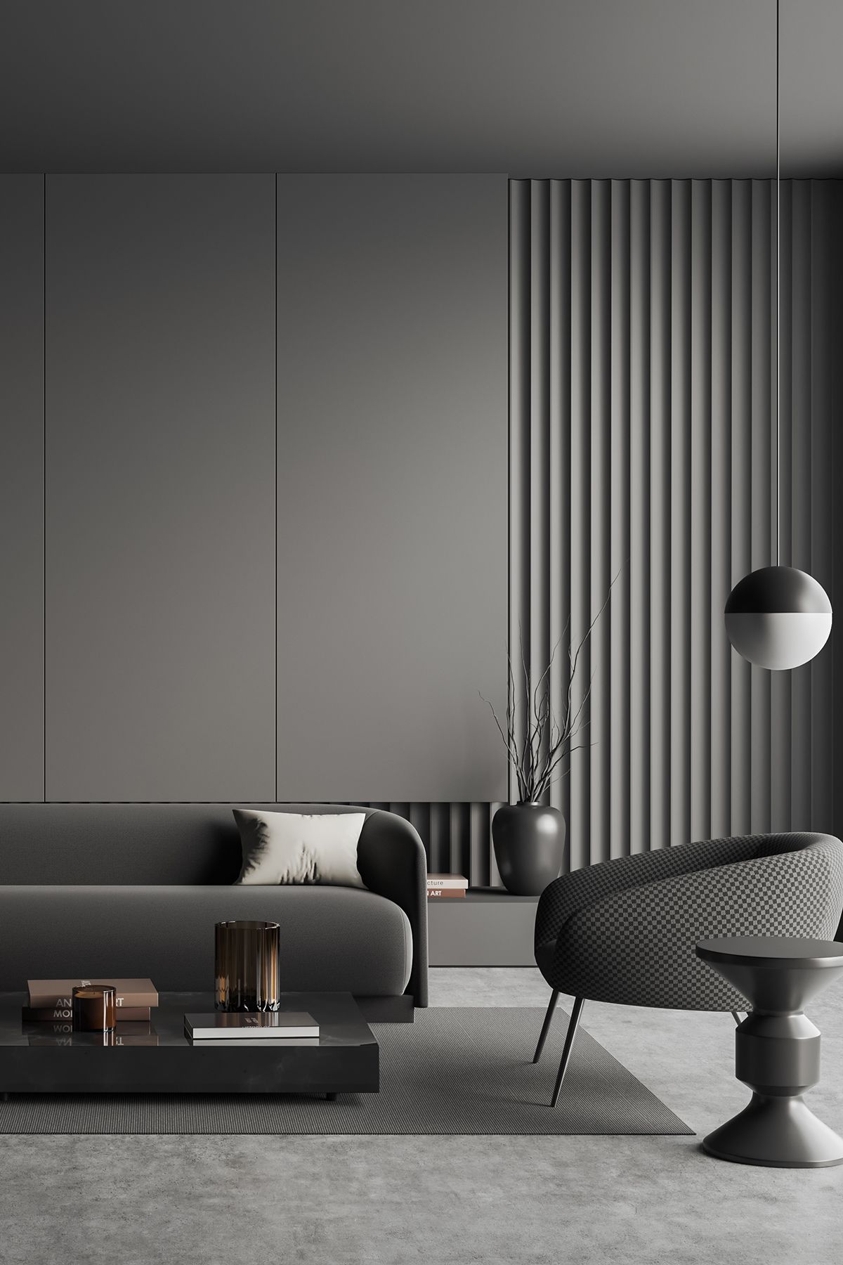 Gạch ốp vân sọc đứng, gam xám lạnh, tối giản mà có điểm nhấn