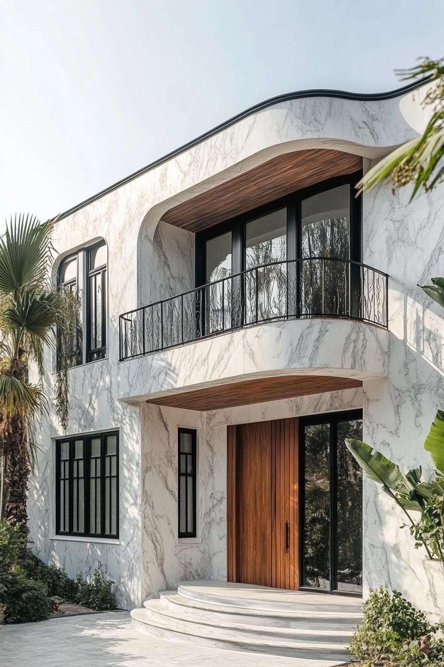 Mảng tường marble trắng vân tự nhiên phối cùng cửa gỗ và khung kính đen, tạo sự tương phản hài hòa giữa mềm mại và mạnh mẽ, nâng tầm giá trị kiến trúc.