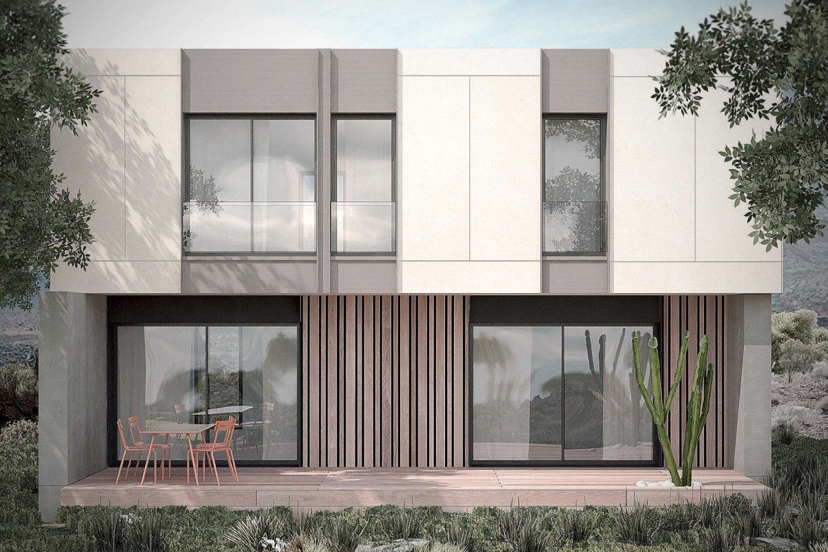 Mặt tiền sử dụng gạch trơn trắng khổ lớn, bố cục mảng phẳng kết hợp lam dọc tạo hiệu ứng kiến trúc tinh giản và thanh lịch.