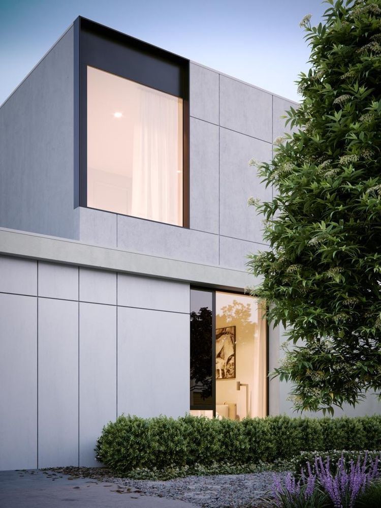 Gạch cement trắng tông lạnh phối khung nhôm đen tạo điểm nhấn tương phản mạnh mẽ và cao cấp.