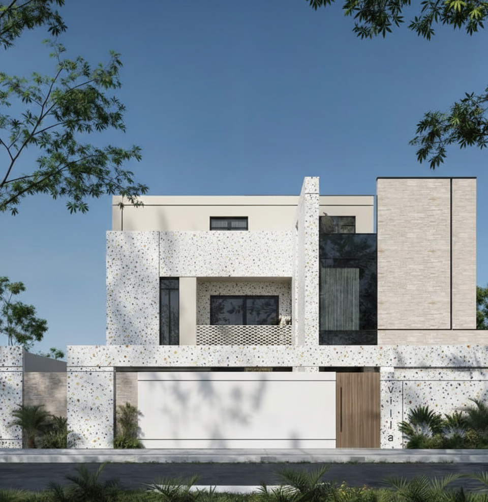 Gạch terrazzo trắng hạt nhỏ ốp mặt tiền tạo hiệu ứng sinh động, bề mặt hạt đá tự nhiên nổi bật trên nền trắng, giúp công trình hiện đại và khác biệt.