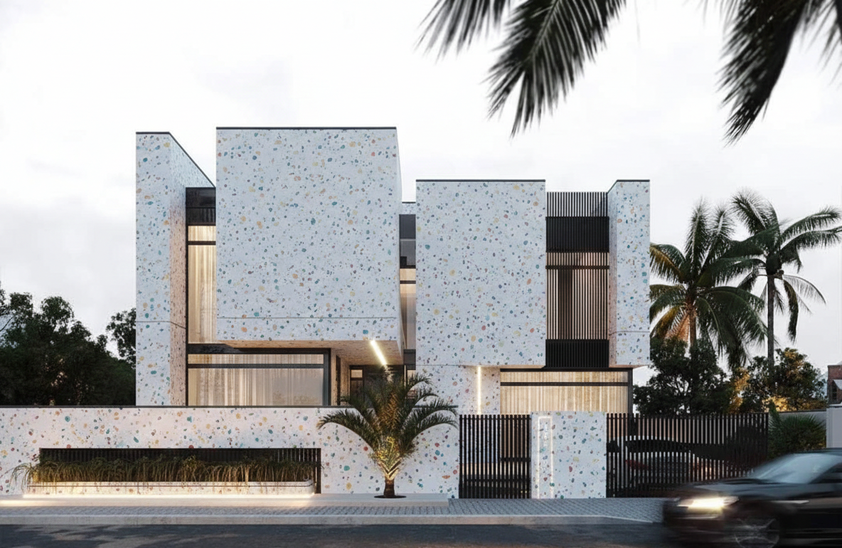 Terrazzo trắng phối lam sắt đen mang phong cách đương đại, mảng tường lớn liền khối tạo điểm nhấn mạnh mẽ nhưng vẫn thanh lịch.