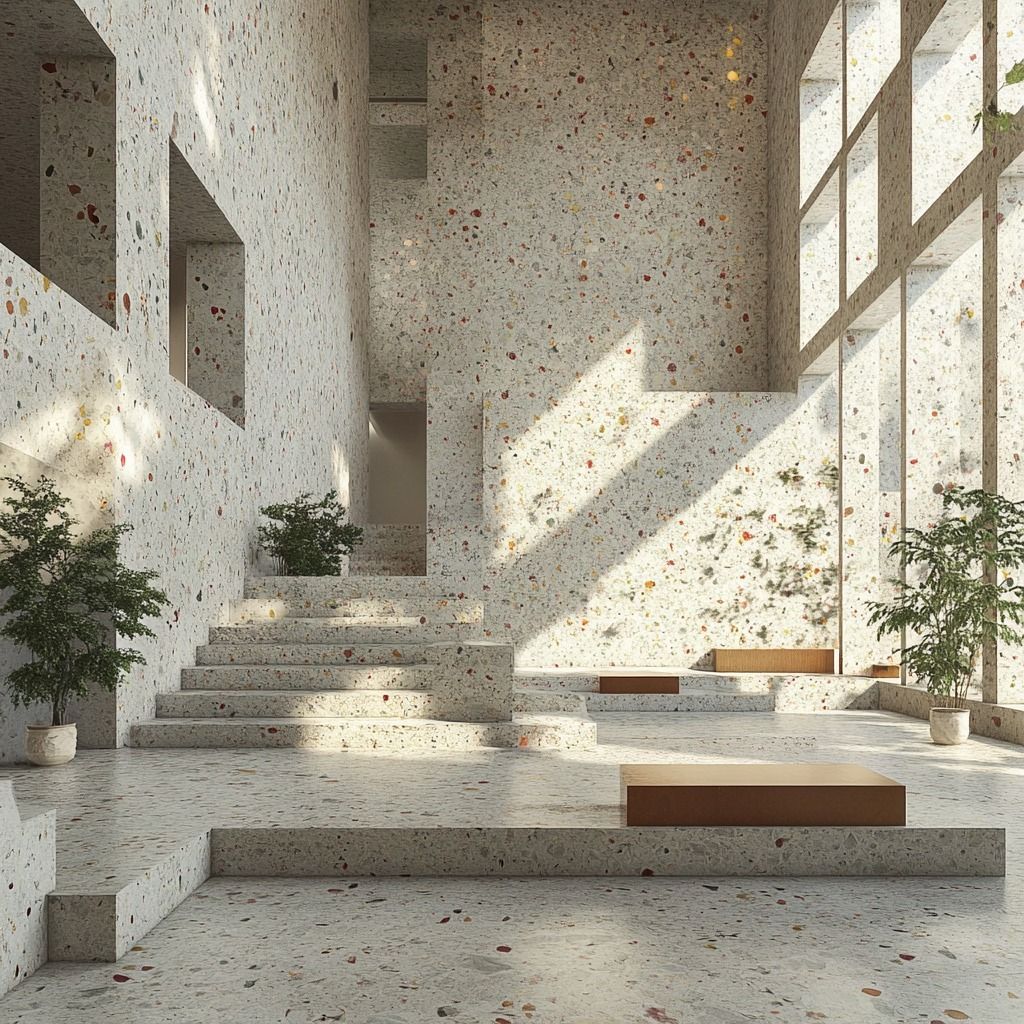 Không gian nội thất sử dụng gạch terrazzo trắng đồng bộ sàn – tường – cầu thang, tạo hiệu ứng liền mạch, cao cấp và giàu tính nghệ thuật.