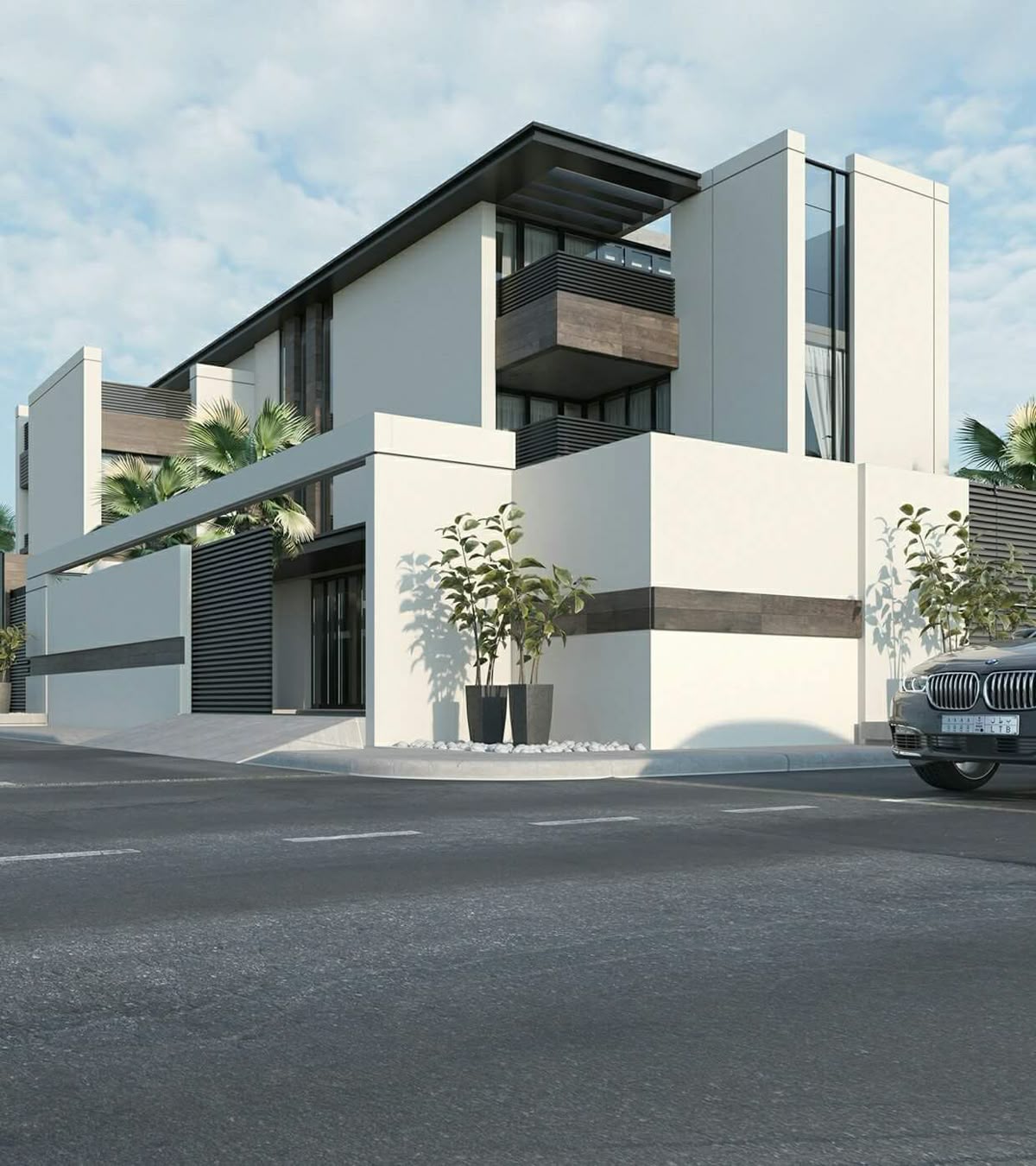 Gạch ốp mặt tiền tông trắng phối khung cửa đen tạo hiệu ứng tương phản sang trọng và hiện đại.