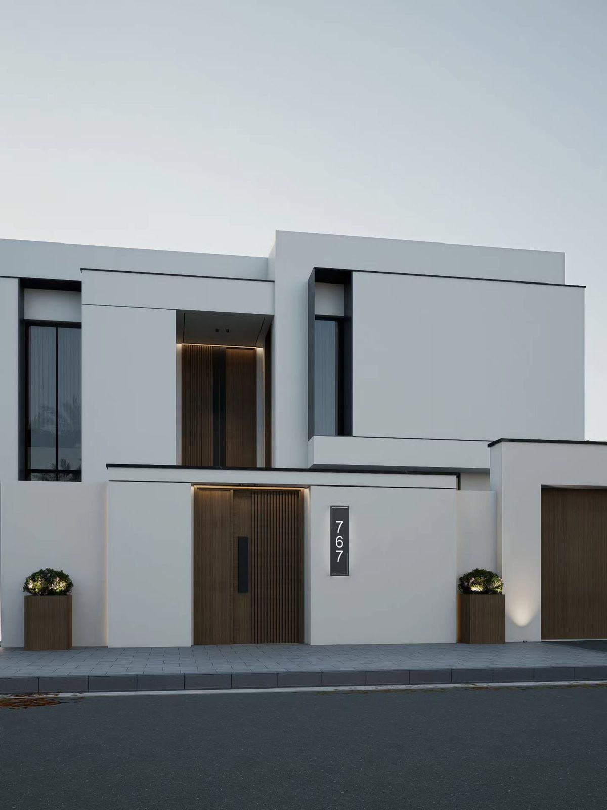 Mặt tiền trắng kết hợp lam gỗ nâu ấm, cân bằng giữa tối giản và cảm giác ấm cúng.