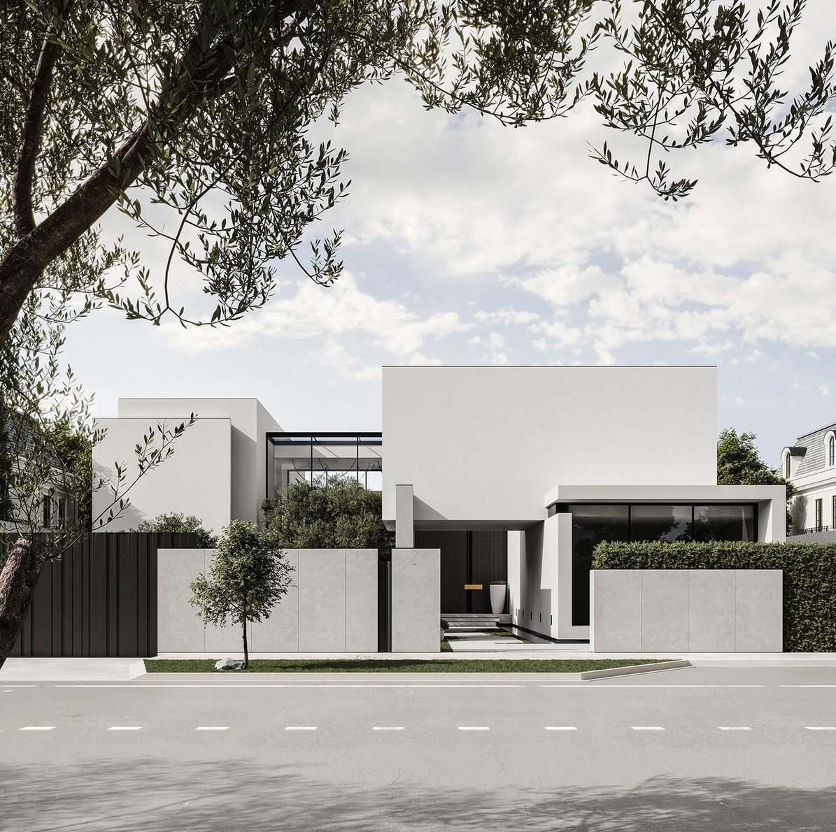 Gạch trắng phối nền xi măng xám tạo phong cách hiện đại, mạnh mẽ nhưng vẫn trang nhã.