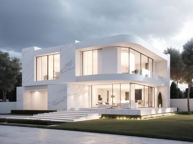 Mặt tiền ốp marble trắng kết hợp mảng xanh và bậc tam cấp đồng bộ, tạo tổng thể hài hòa và đẳng cấp.