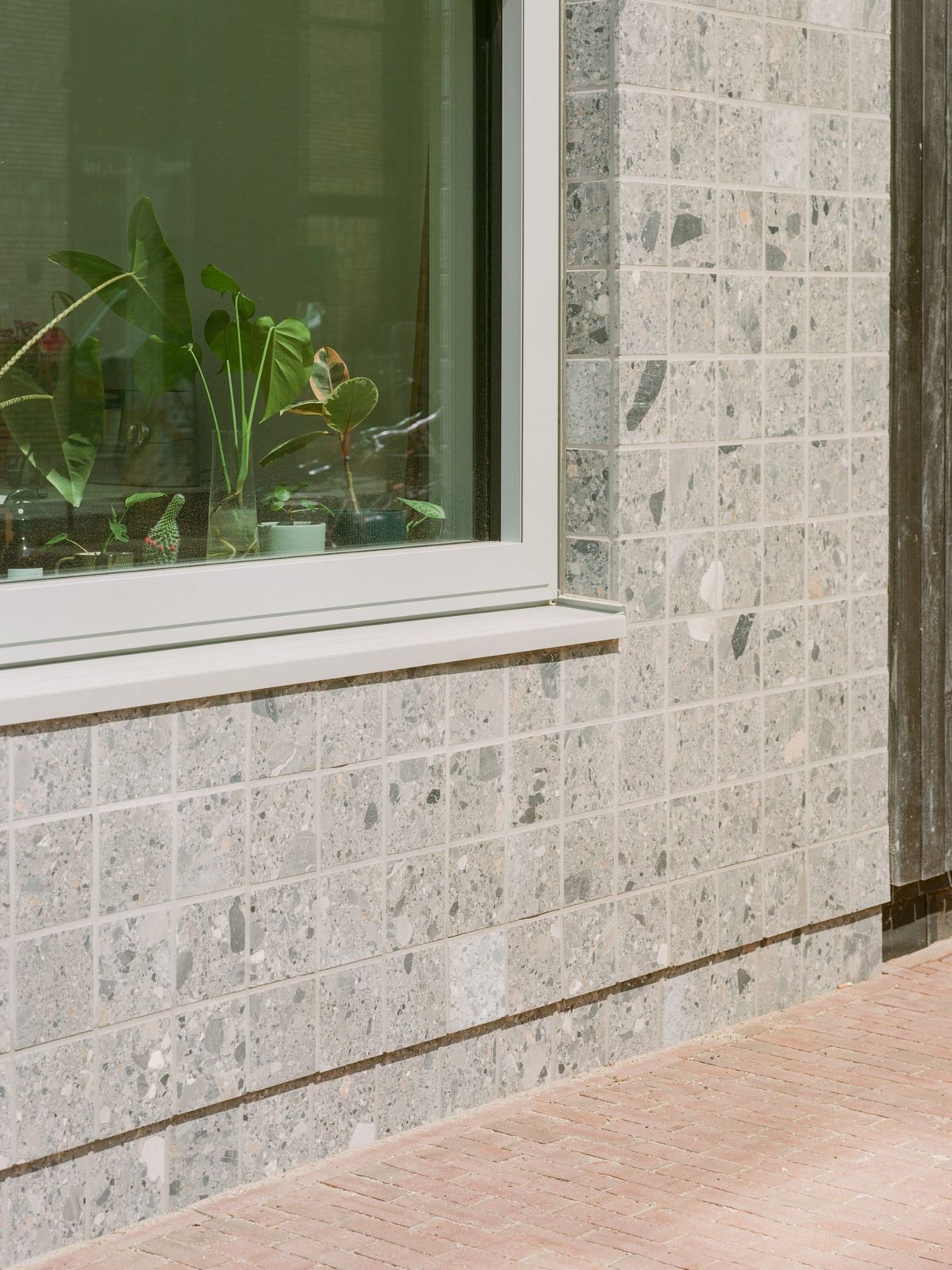 Hiệu ứng hạt đá tự nhiên trên nền xám giúp mặt tiền sinh động nhưng vẫn giữ vẻ tối giản.