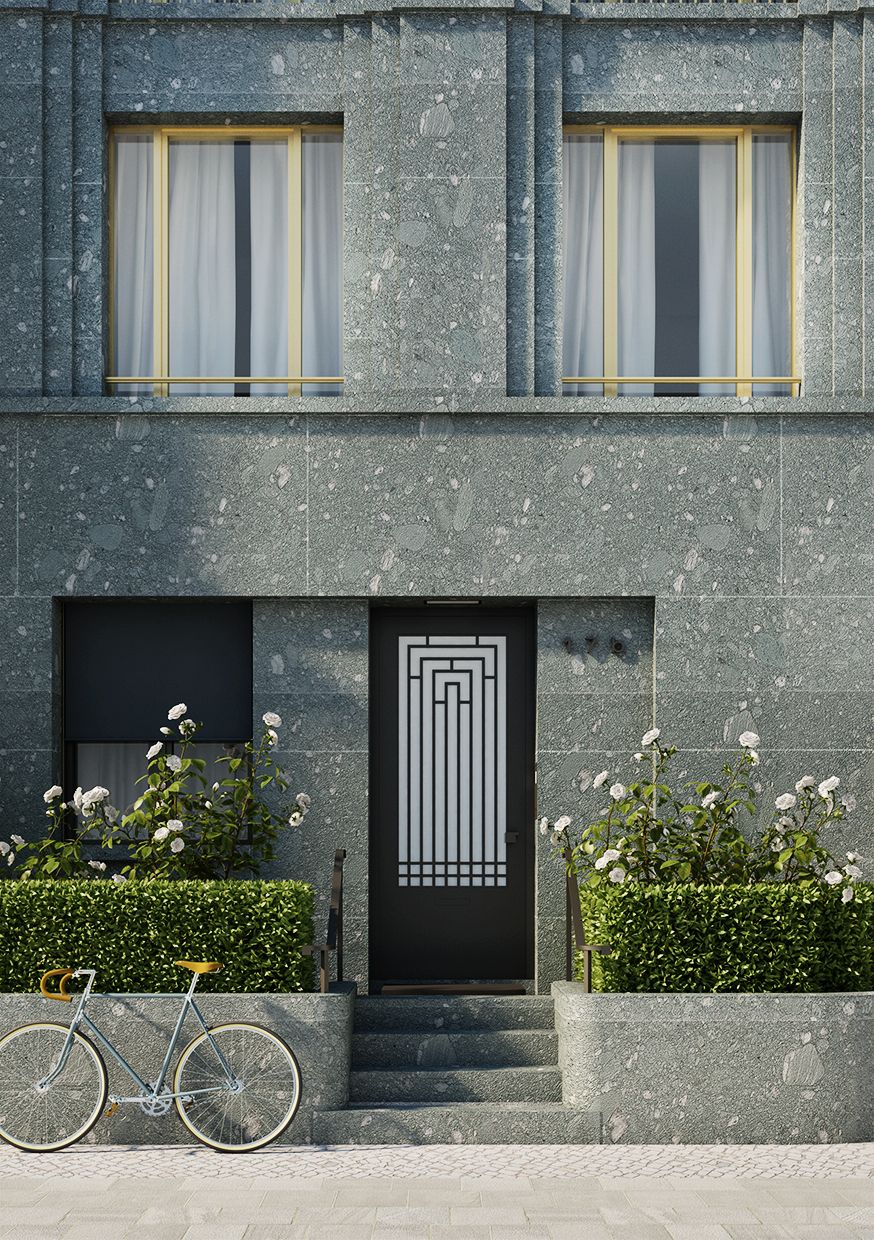 Gạch terrazzo xám là lựa chọn lý tưởng cho mặt tiền cần sự bền bỉ và phong cách kiến trúc đương đại.