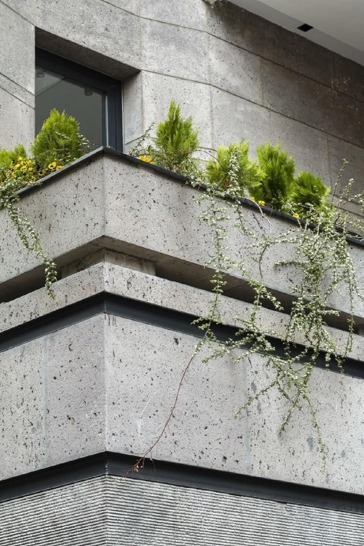 Gạch terrazzo xám ốp mặt tiền với bề mặt hạt đá tự nhiên tạo cảm giác bền chắc, hiện đại; tông xám trung tính giúp công trình sạch sẽ, ít lộ bẩn và hài hòa với mảng xanh ban công.