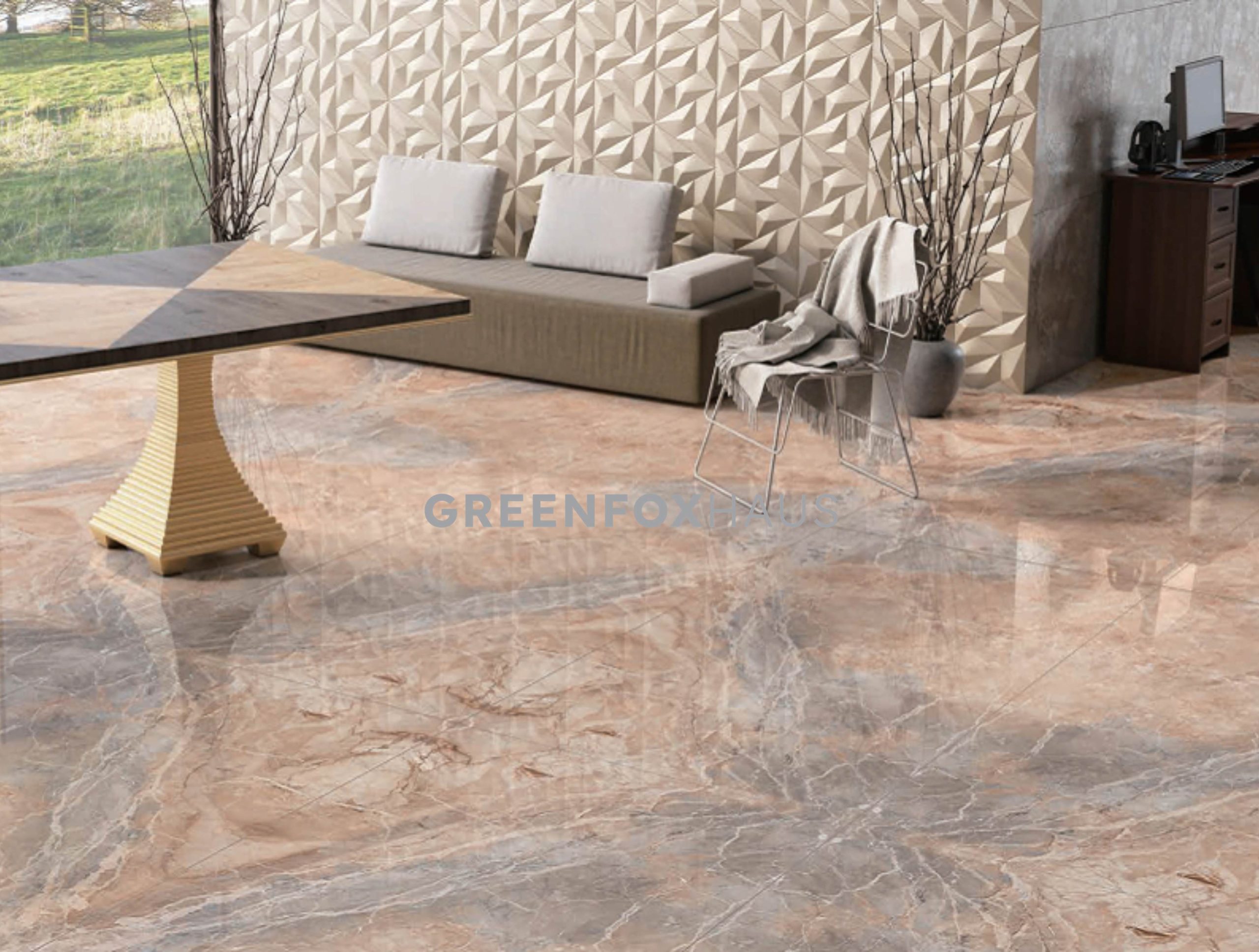 GẠCH KHỔ LỚN POLISHED VÂN ĐÁ MARBLE XÁM NÂU ÁNH ĐỒNG 1200×2400MM GF37.GLX25 (BIG SLAB)