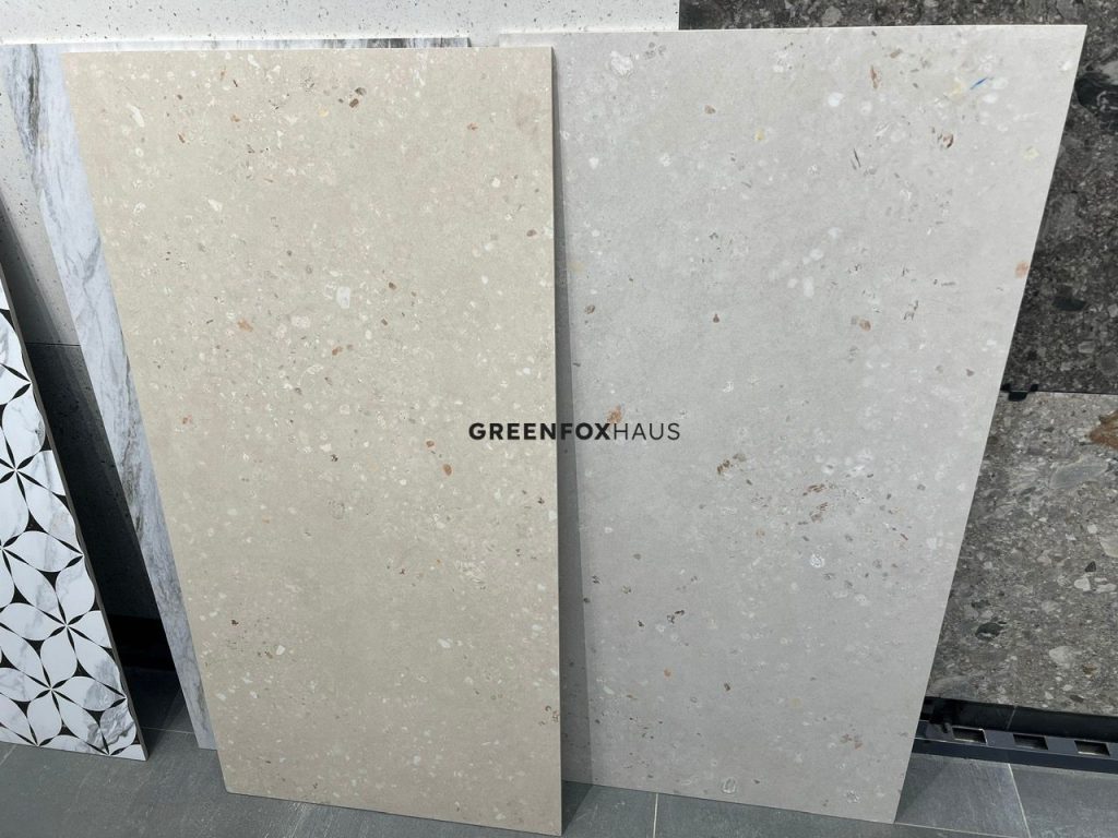 Combo 2 mã gạch terrazzo 600x1200 beige và xám bộ sưu tập mới Greenfox