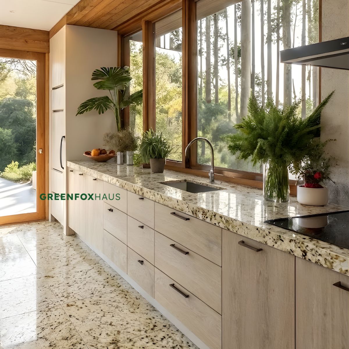 Tủ bếp sáng màu kết hợp gạch giả đá hoa cương vân vàng.