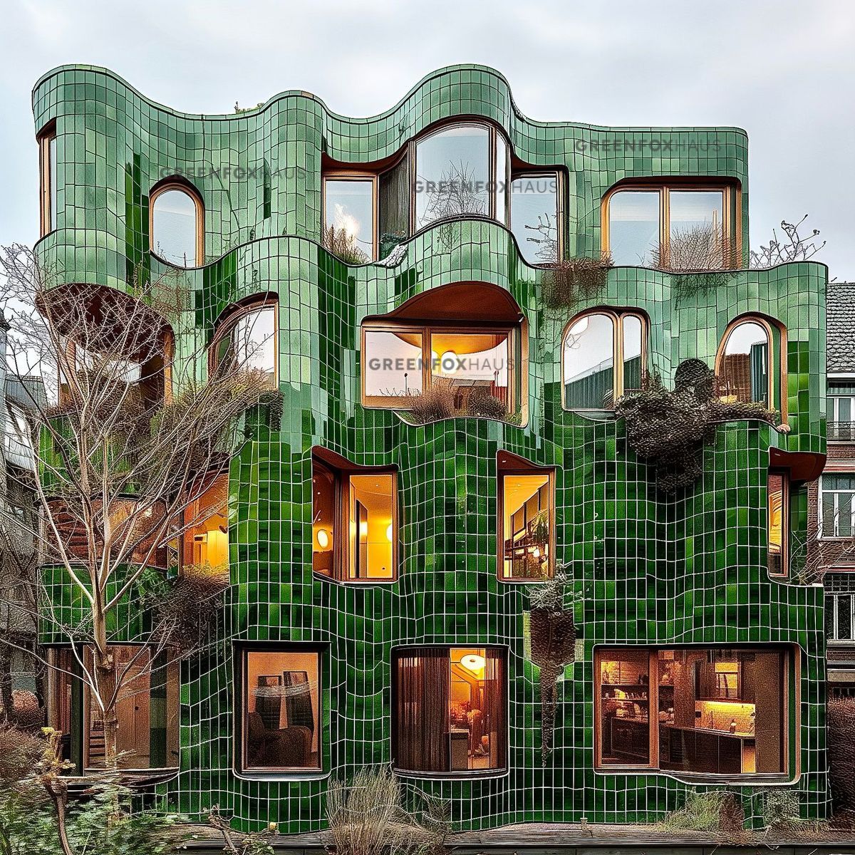 Mặt tiền uốn lượn phủ gạch xanh ngọc bóng men