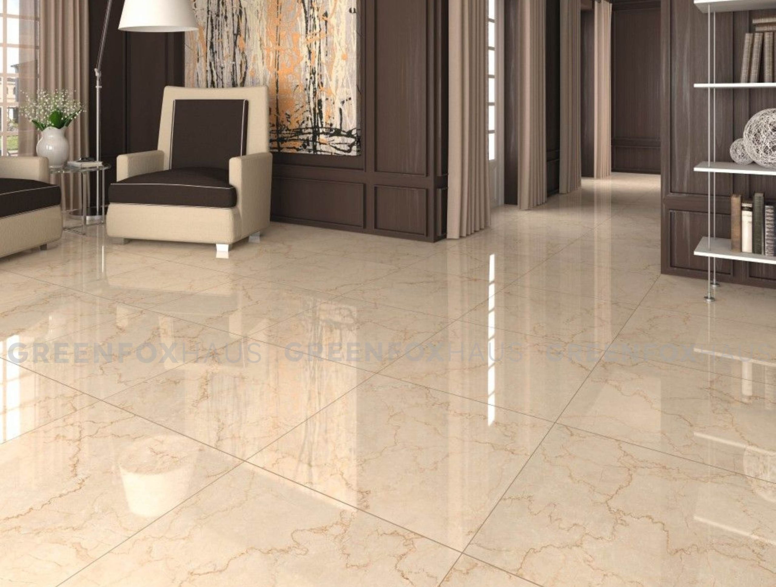 gạch lát nền 60x60 vân đá màu kem bóng kính phòng khách nhà phố sang trọng