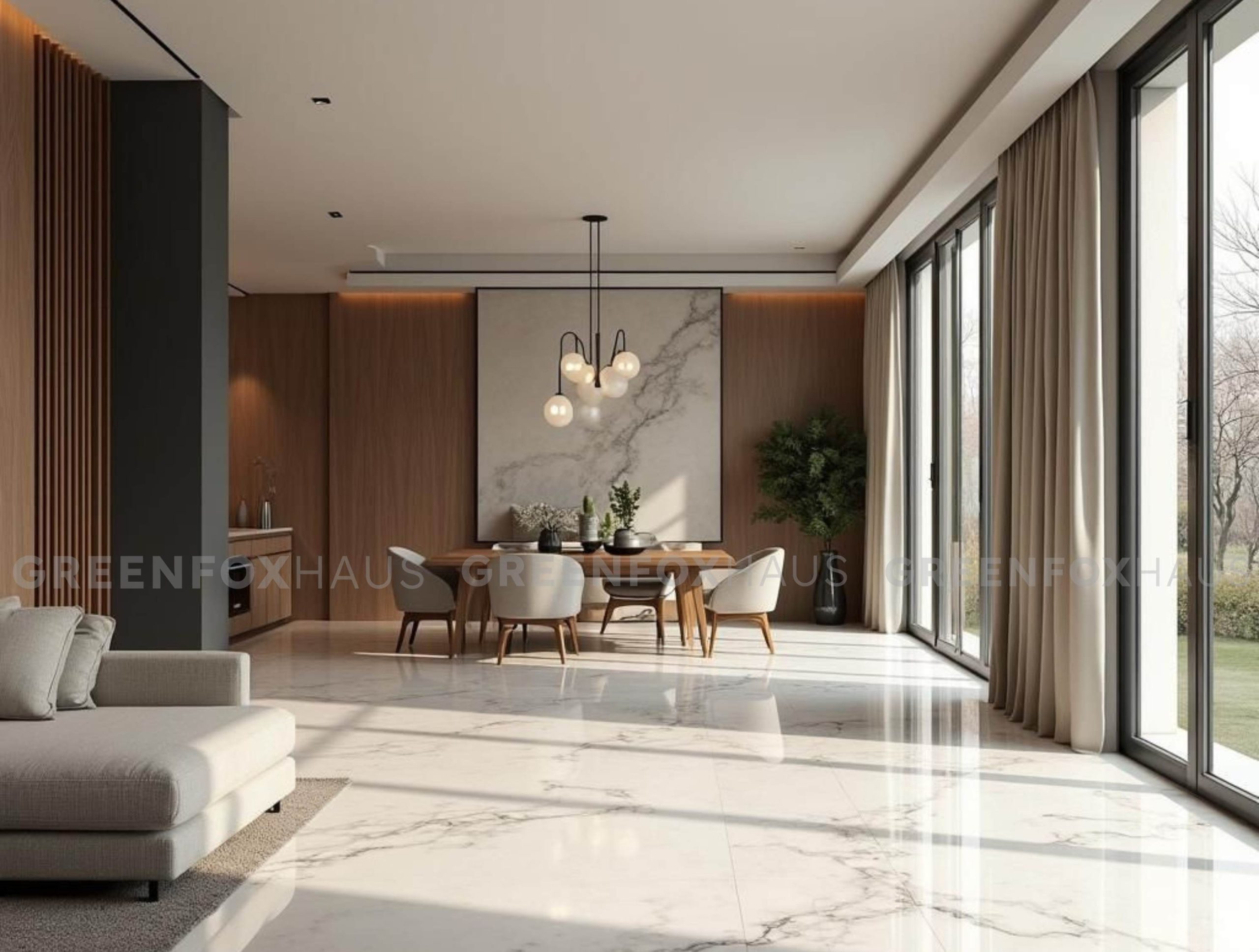 gạch lát nền 60x60 vân marble sáng bóng phòng khách hiện đại nhiều ánh sáng