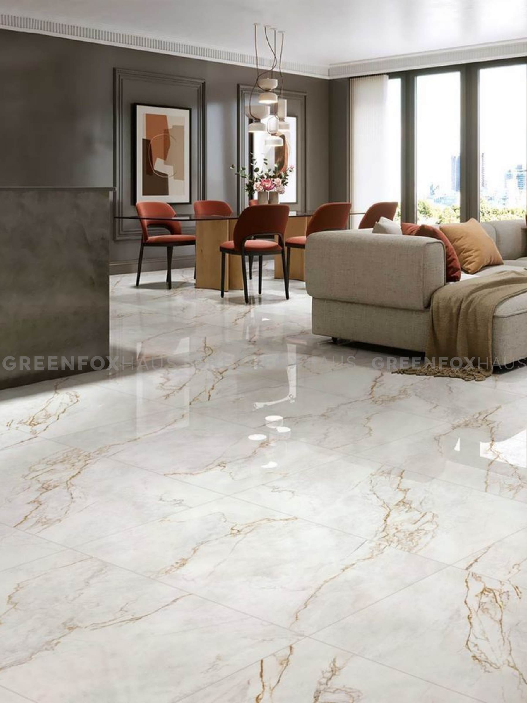 gạch lát nền 60x60 vân marble trắng vân vàng bóng kính phòng khách cao cấp