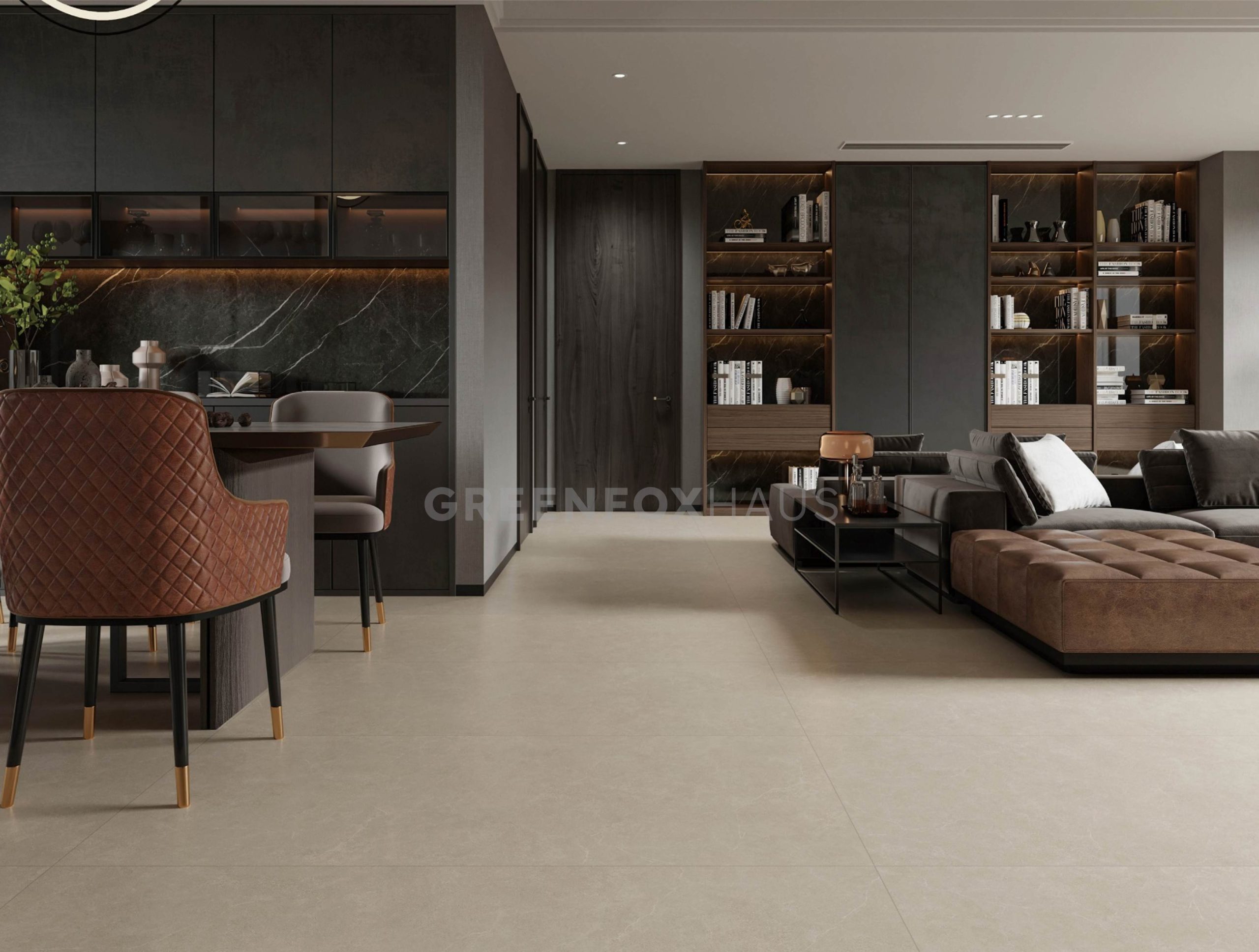 Không gian phòng khách hiện đại sử dụng gạch lát nền 80×80 tông be xi măng, bề mặt matt giúp tổng thể rộng thoáng và liền mạch hơn.