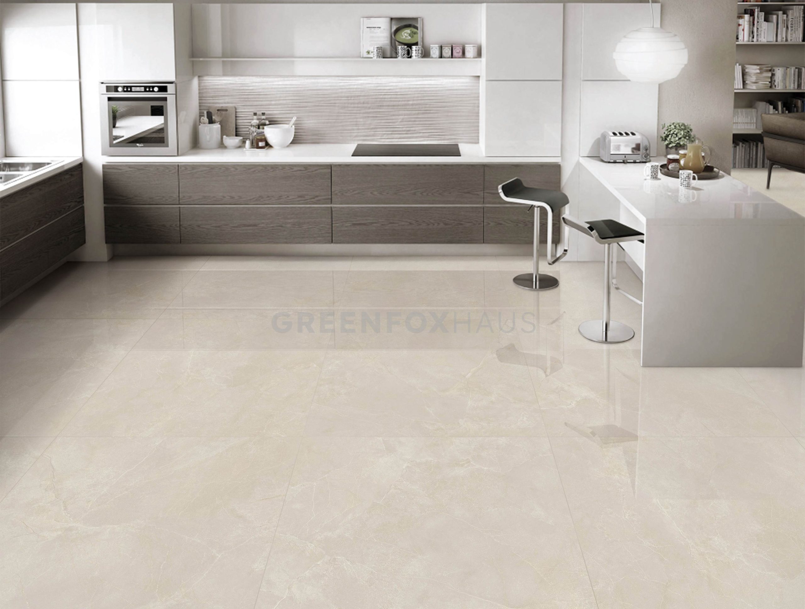 Gạch lát nền 80×80 vân đá marble bóng kính màu kem sáng, phù hợp khu bếp hiện đại, dễ vệ sinh và tạo cảm giác sạch sẽ.