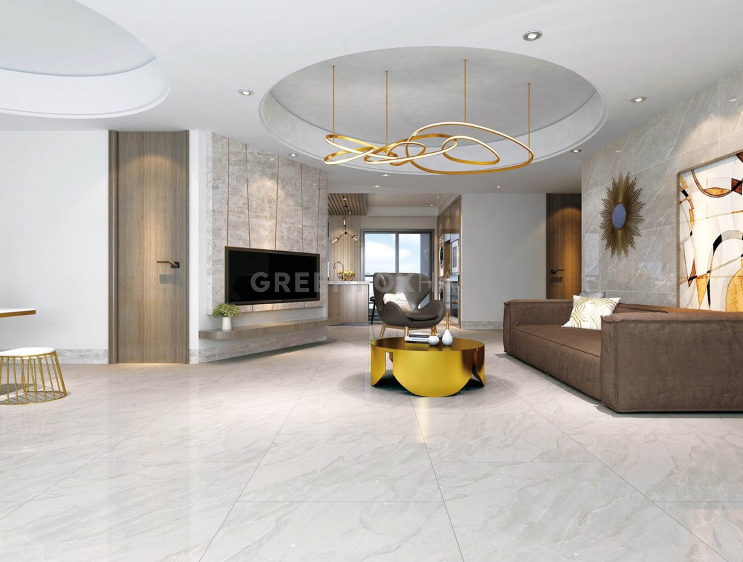 Không gian phòng khách cao cấp sử dụng gạch lát nền 80×80 vân marble sáng, giúp mở rộng không gian và tăng độ sang trọng.