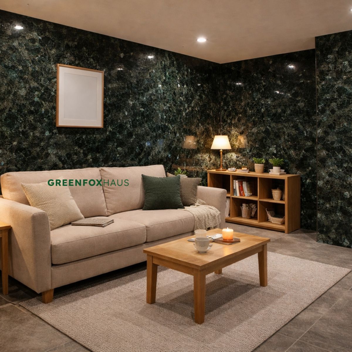 Phòng khách ốp tường gạch giả đá hoa cương xanh đậm bóng.