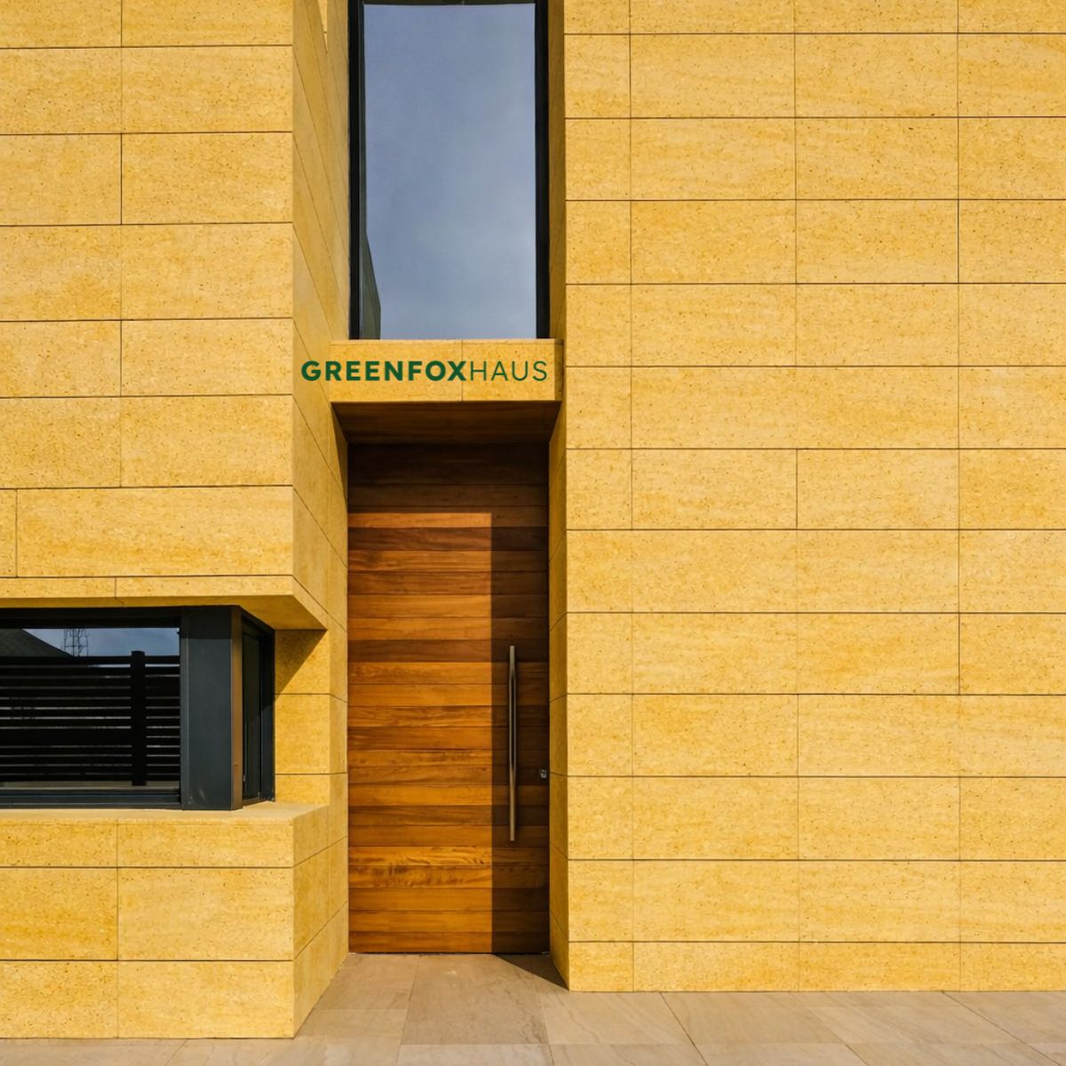 Mặt tiền nhà ốp gạch màu vàng kết hợp cửa gỗ tạo phong cách hiện đại