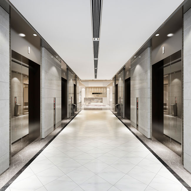 Gạch lát nền khổ lớn vân đá sáng màu giúp không gian hành lang rộng rãi, hiện đại và liền mạch.