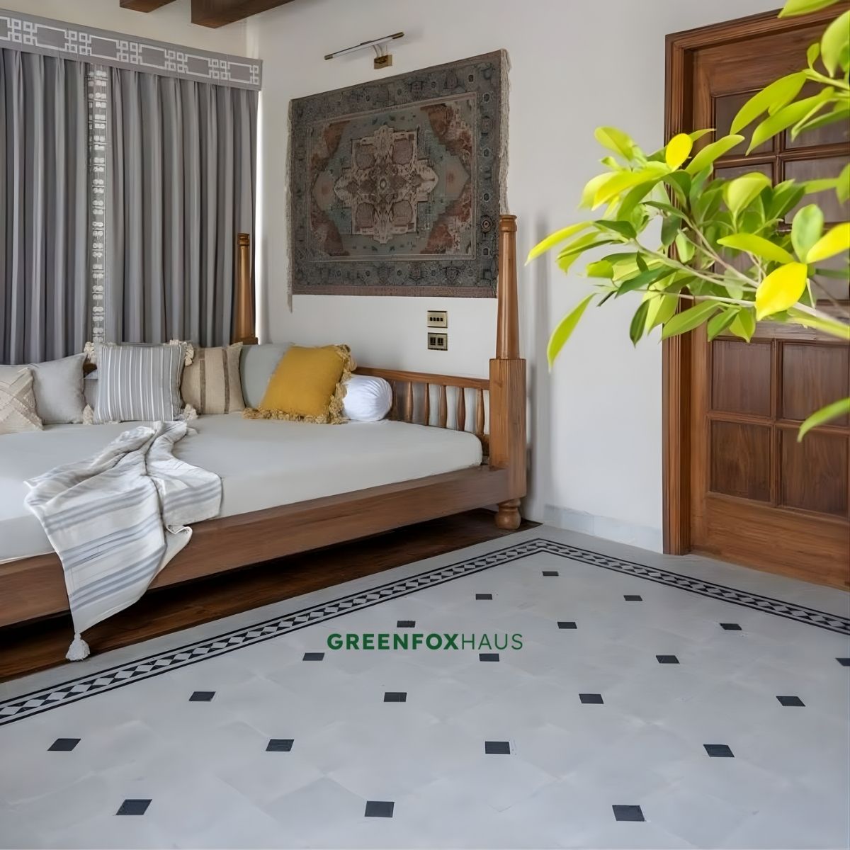 gạch bông lát nền phòng ngủ họa tiết đơn sắc viền trang trí tinh tế phong cách tối giản