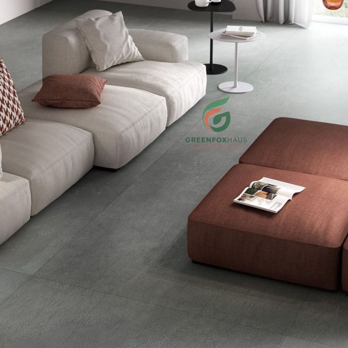 gạch lát nền 80x80 màu xám vân xi măng phòng khách hiện đại sang trọng