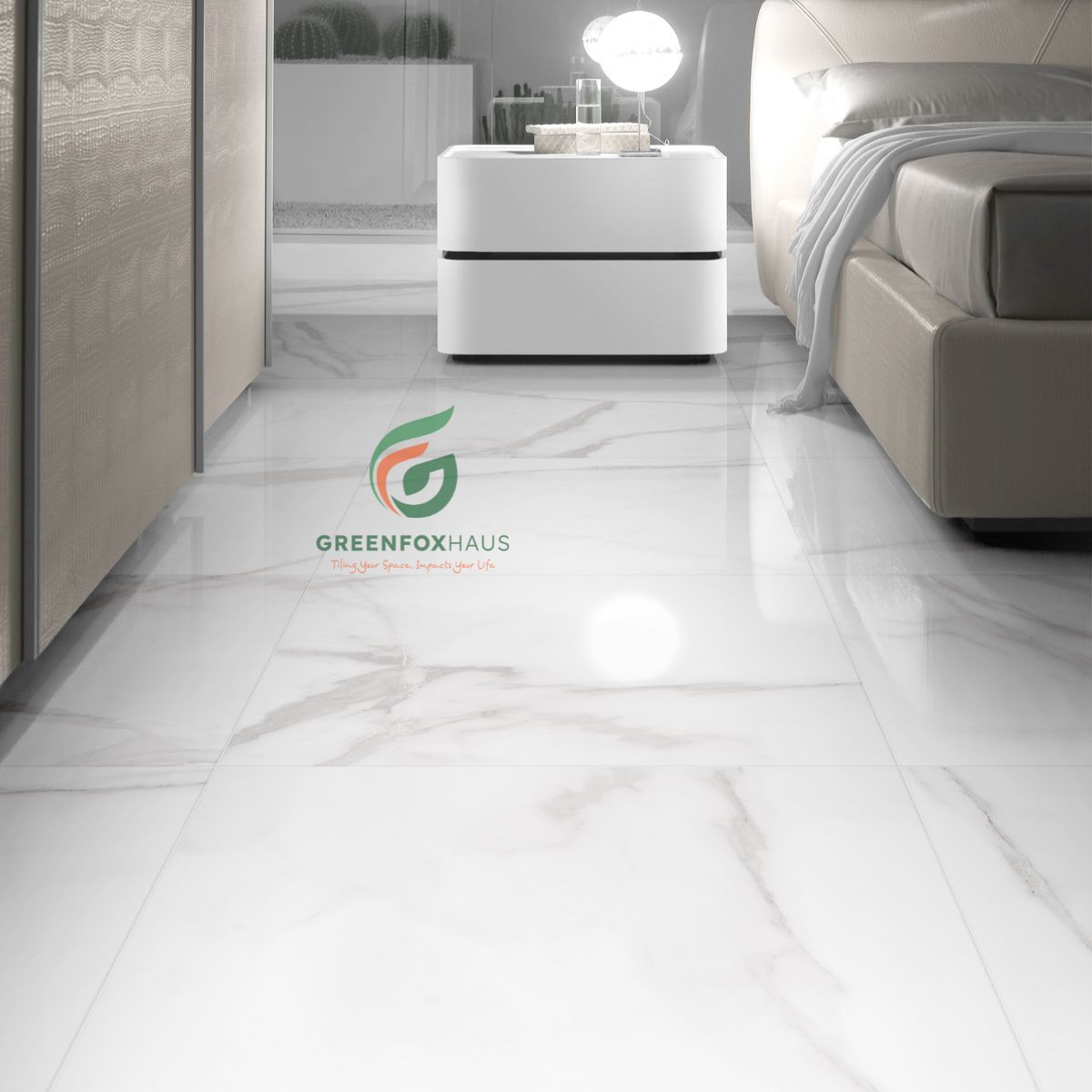 gạch lát nền màu trắng vân đá bóng kiếng khổ lớn cho phòng ngủ hiện đại